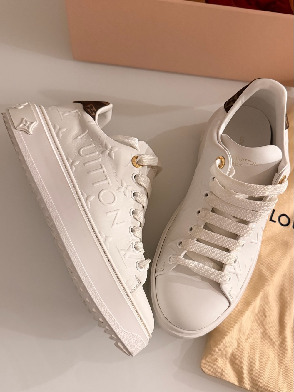 Louis Vuitton White Leather LV Monogram Sneakers with Brown Heel